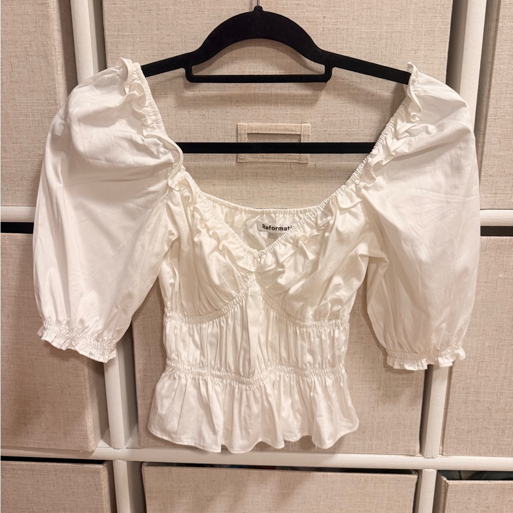Reformation White Ruched Puff-Sleeve Peplum Blouse